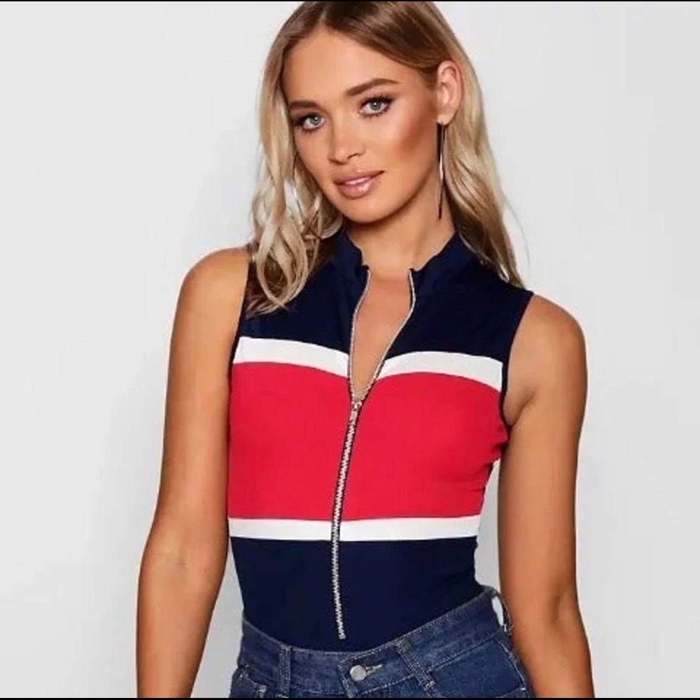 Boohoo NWT Zip Front Striped Scuba Bodysuit Size 14 Blue Red White